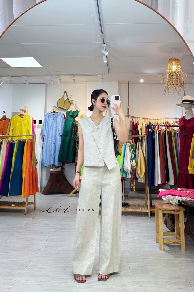 Áo sát nách vạt chéo nút lệch linen tưng premium Cói Design