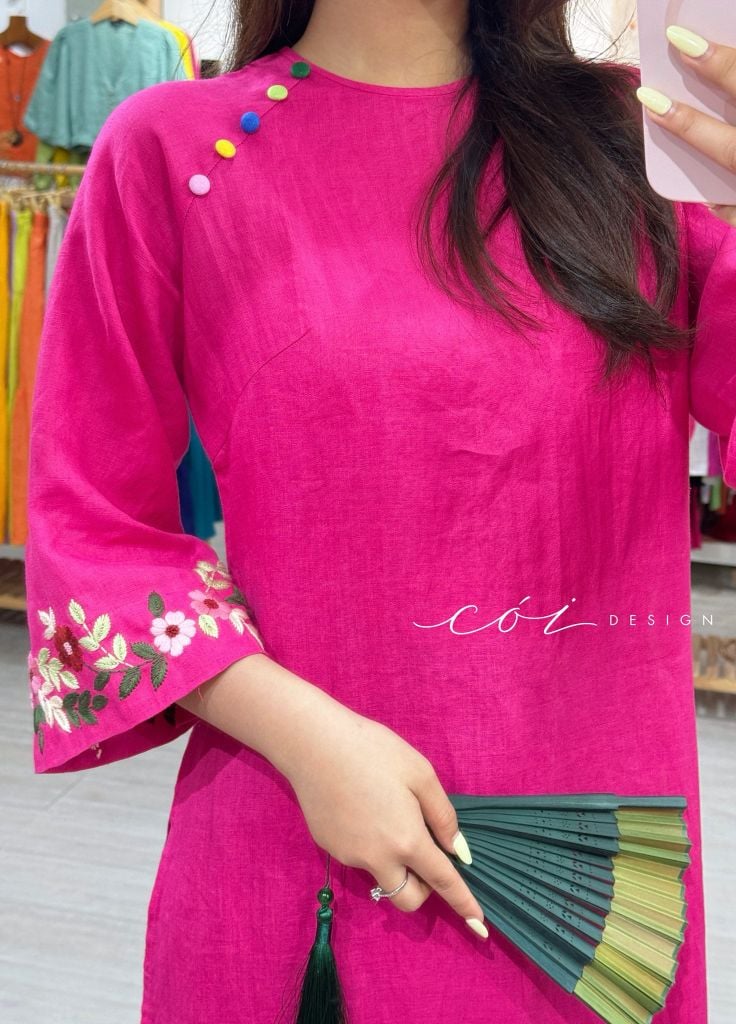 Áo dài thêu tay Song Hoa Linen tưng premium Cói Design