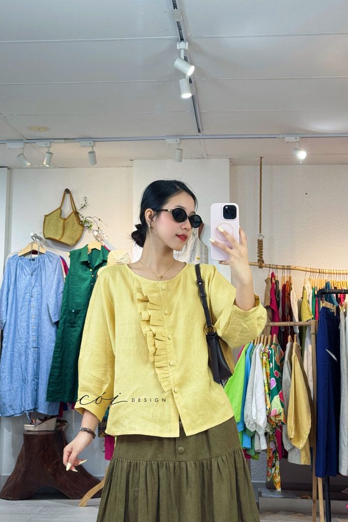 Áo tay phồng phối bèo linen tưng premium Cói Design