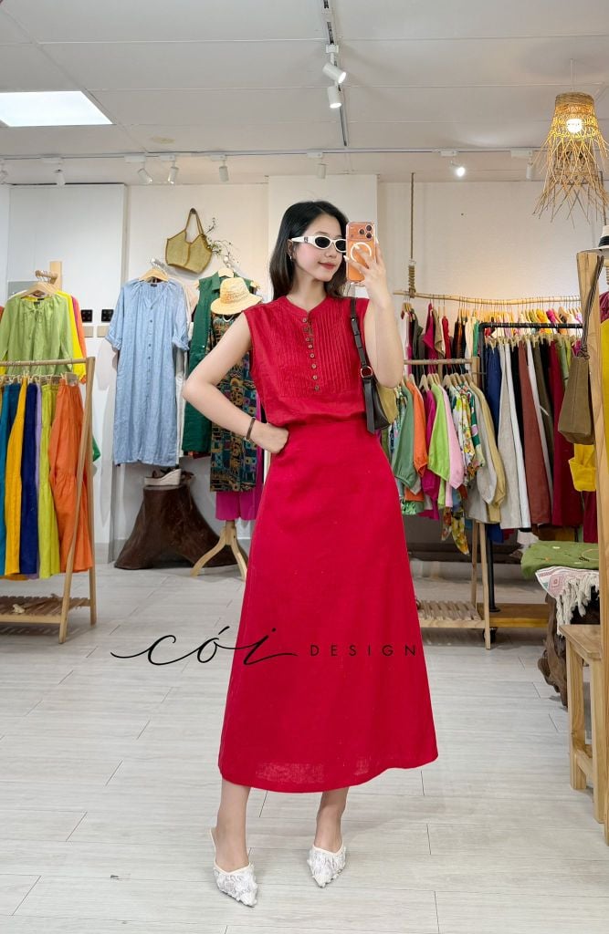 Áo sát nách xếp ly cổ trụ linen tưng premium Cói Design