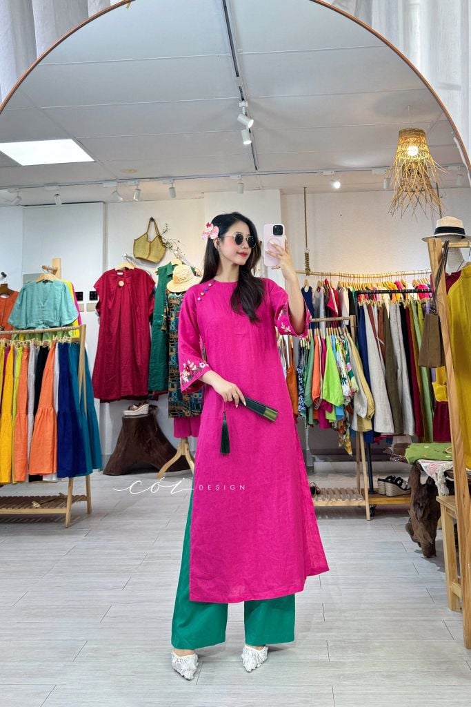 Áo dài thêu tay Song Hoa Linen tưng premium Cói Design