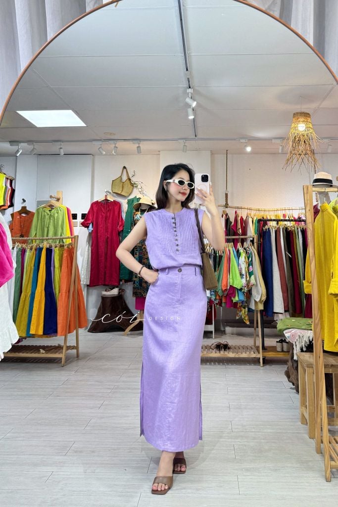 Áo sát nách xếp ly cổ trụ linen tưng premium Cói Design