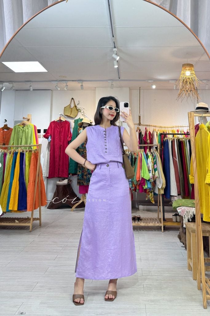 Áo sát nách xếp ly cổ trụ linen tưng premium Cói Design