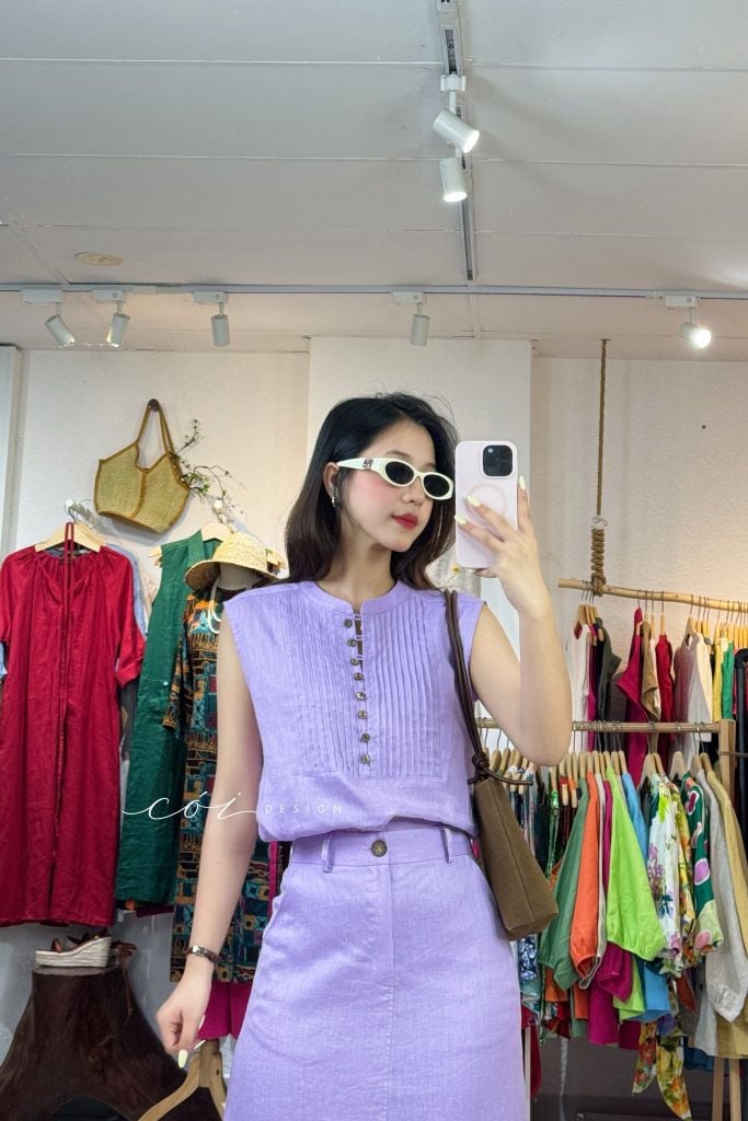 Áo sát nách xếp ly cổ trụ linen tưng premium Cói Design