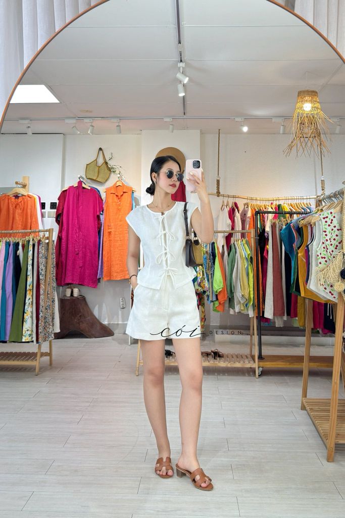 Áo cổ tròn phối nơ linen tưng premium Cói Design