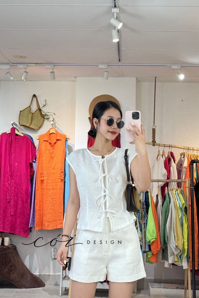 Áo cổ tròn phối nơ linen tưng premium Cói Design