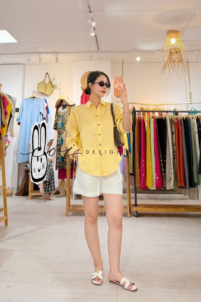 Áo sơ mi form suông phối nút lưng linen tưng premium Cói Design