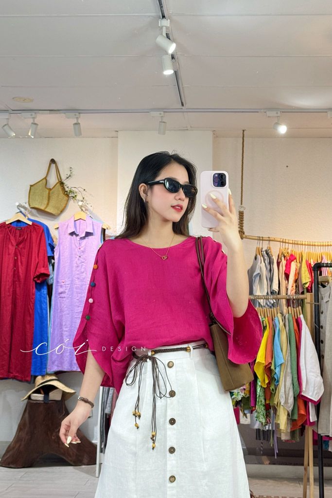 Chân váy cách điệu 2 túi nút dừa linen tưng premium Cói Design