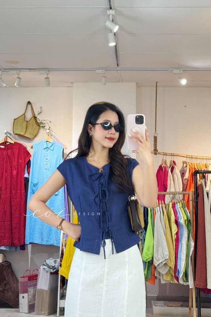 Áo cổ tròn phối nơ linen tưng premium Cói Design