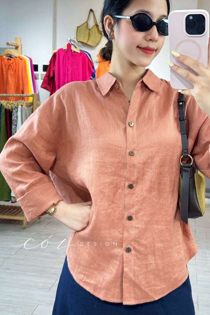 Áo sơ mi form suông phối nút lưng linen tưng premium Cói Design