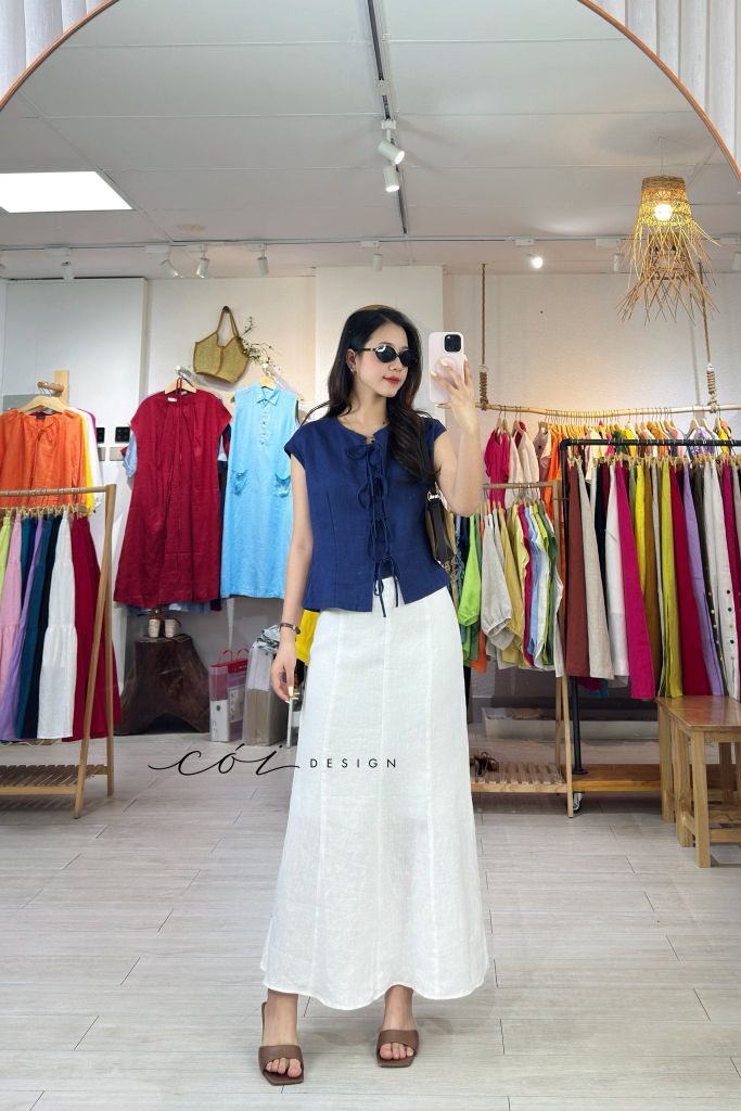 Áo cổ tròn phối nơ linen tưng premium Cói Design