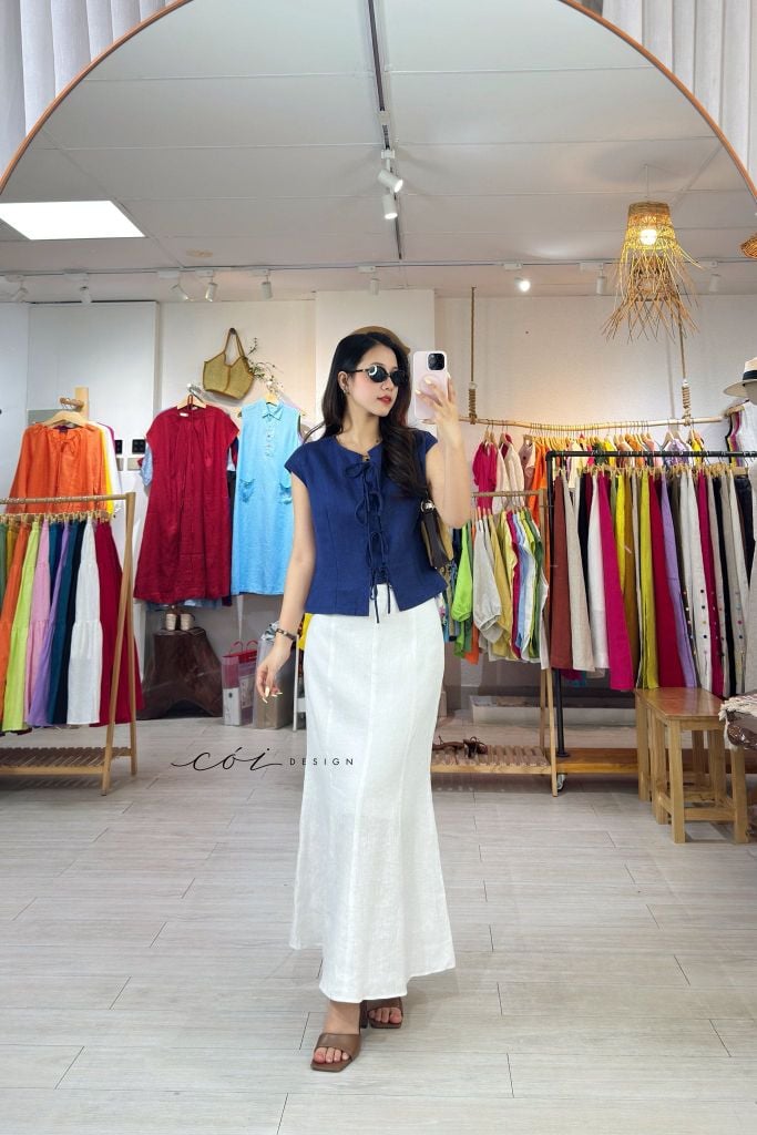 Áo cổ tròn phối nơ linen tưng premium Cói Design