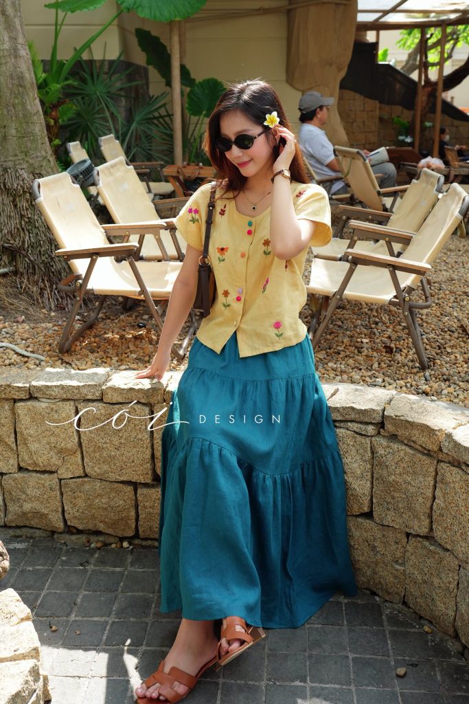 Áo thêu hoa ô vuông linen tưng premium Cói Design