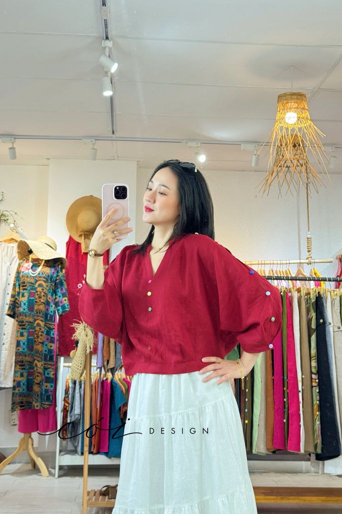Áo cổ trụ 19 nút bọc màu Linen tưng premium Cói Design