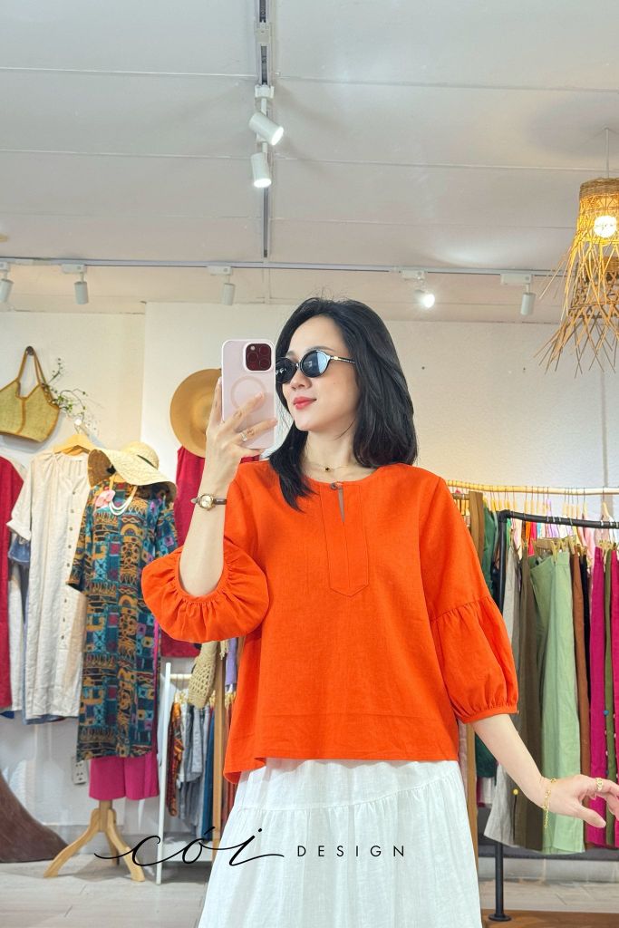 Áo cổ tròn tay nhún lồng đèn linen tưng premium Cói Design