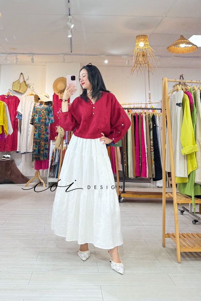 Áo cổ trụ 19 nút bọc màu Linen tưng premium Cói Design