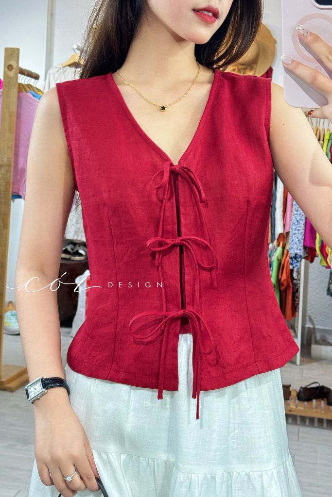 Áo sát nách phối nơ linen tưng premium Cói Design