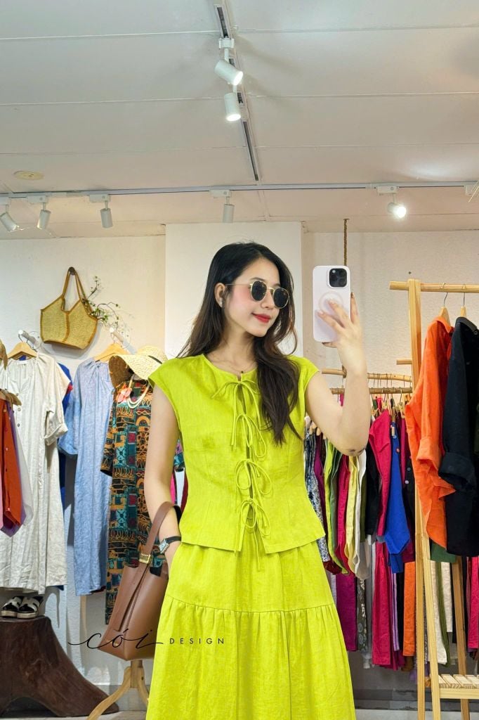 Áo cổ tròn phối nơ linen tưng premium Cói Design