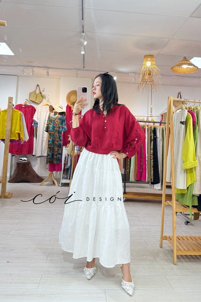 Áo cổ trụ 19 nút bọc màu Linen tưng premium Cói Design