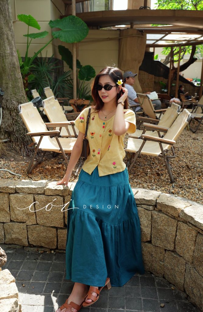 Áo thêu hoa ô vuông linen tưng premium Cói Design