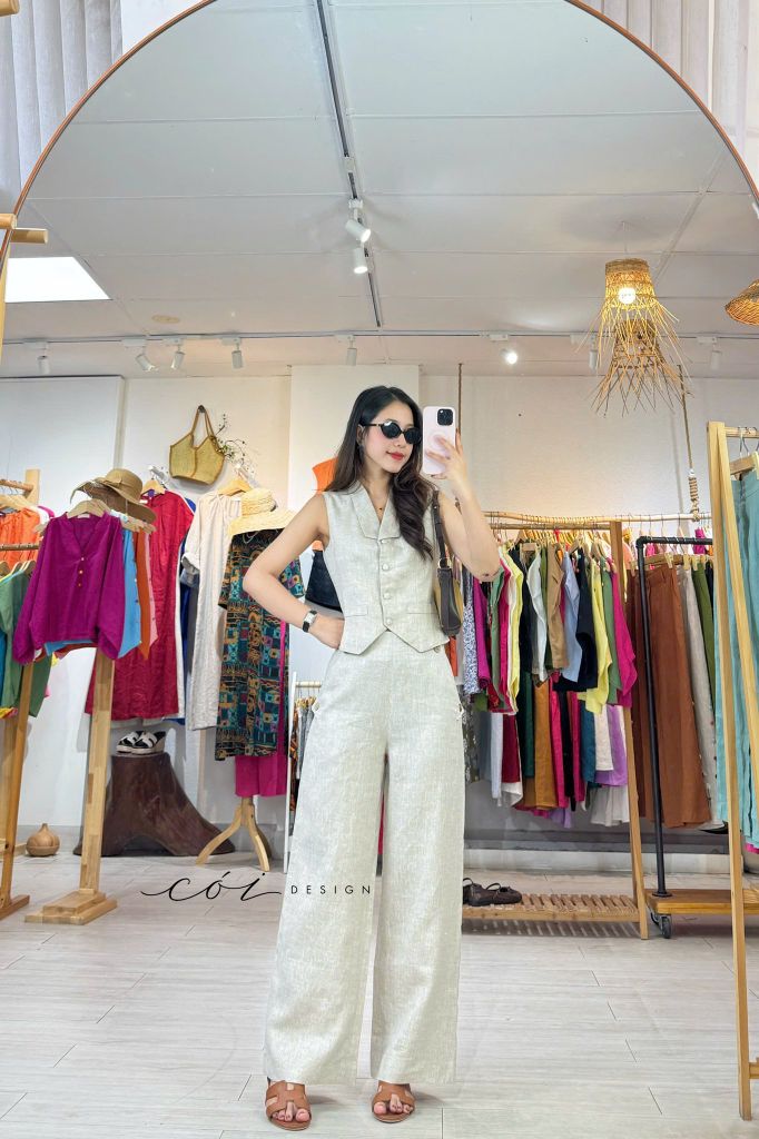 Quần suông phối nút linen tưng premium Cói Design