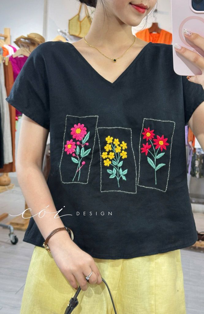 Áo thêu 3 ô linen tưng premium Cói Design