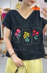 Áo thêu 3 ô linen tưng premium Cói Design