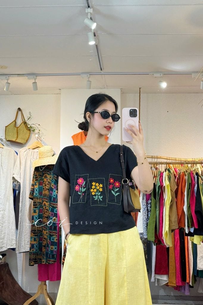 Áo thêu 3 ô linen tưng premium Cói Design