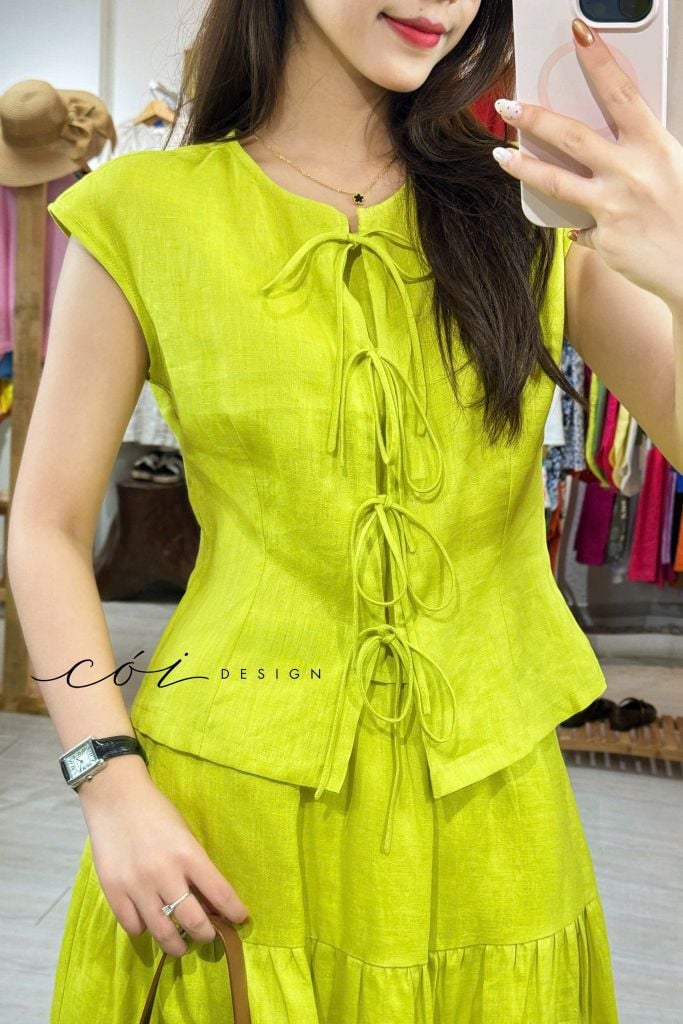 Áo cổ tròn phối nơ linen tưng premium Cói Design
