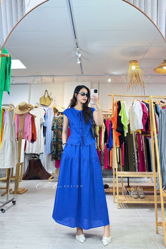 Áo cổ tròn phối nơ linen tưng premium Cói Design