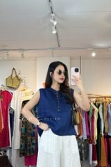 Áo sát nách xếp ly cổ trụ linen tưng premium Cói Design