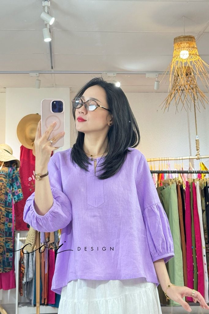 Áo cổ tròn tay nhún lồng đèn linen tưng premium Cói Design