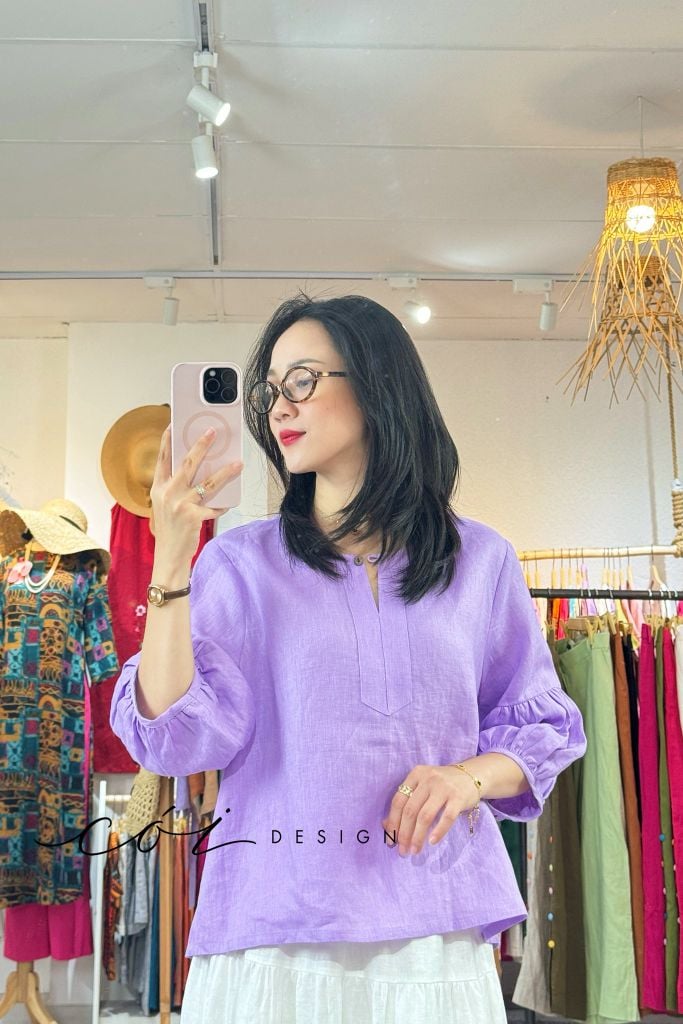Áo cổ tròn tay nhún lồng đèn linen tưng premium Cói Design