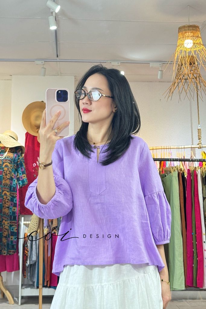 Áo cổ tròn tay nhún lồng đèn linen tưng premium Cói Design