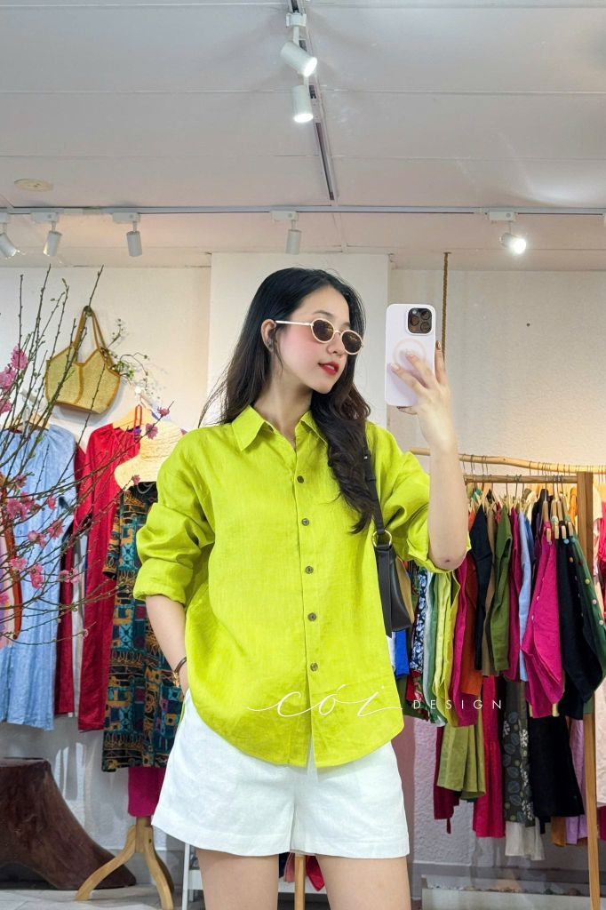 Áo sơ mi form suông phối nút lưng linen tưng premium Cói Design
