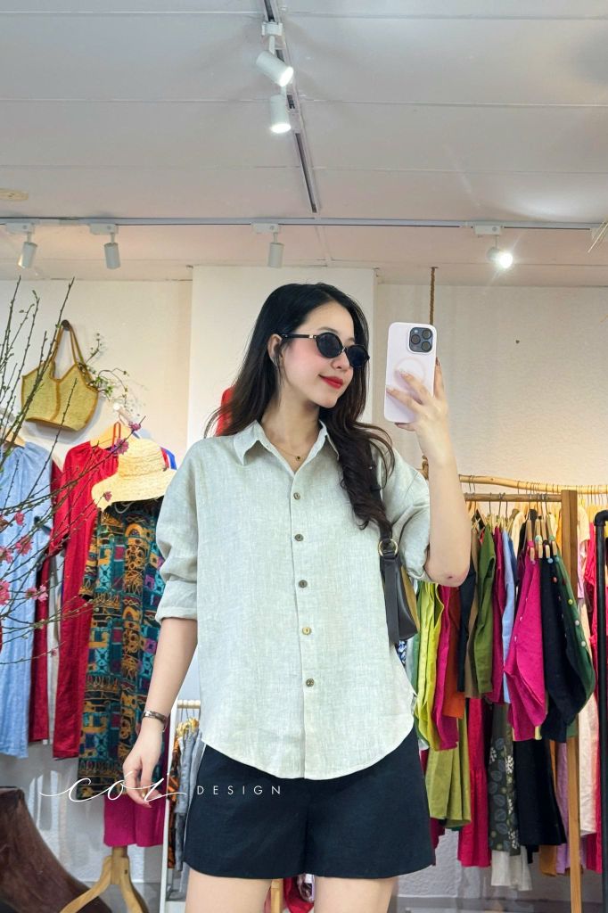 Áo sơ mi form suông phối nút lưng linen tưng premium Cói Design
