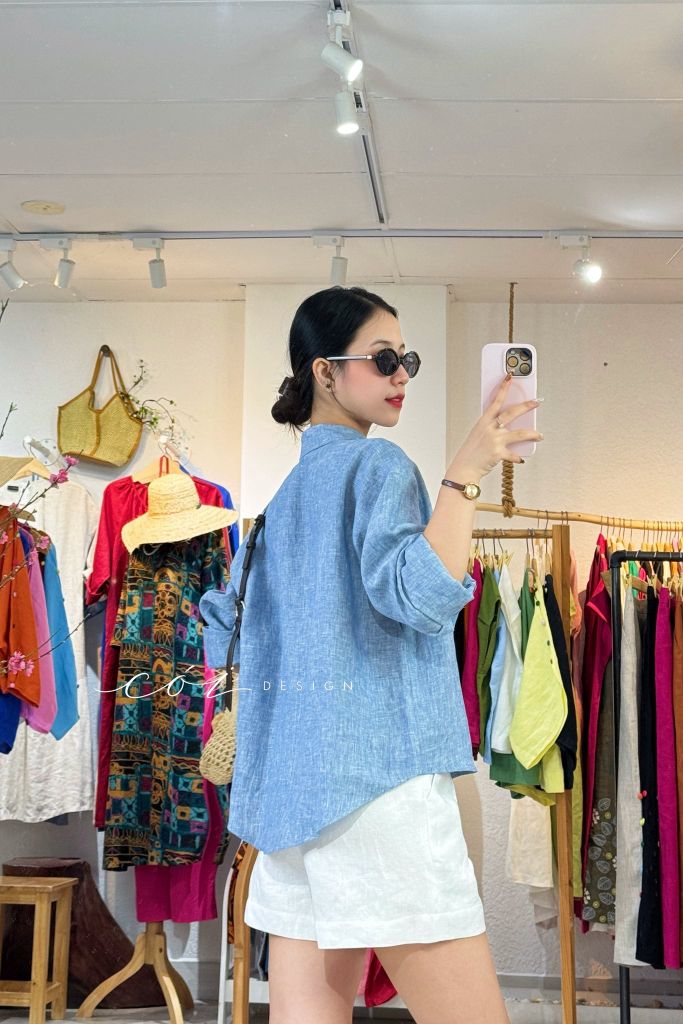 Áo cổ sơ mi 3 nút tay dài linen tưng premium Cói Design