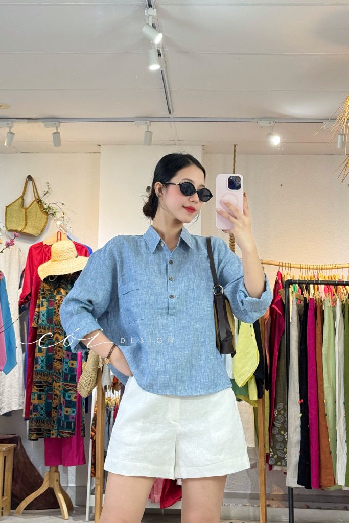 Áo cổ sơ mi 3 nút tay dài linen tưng premium Cói Design