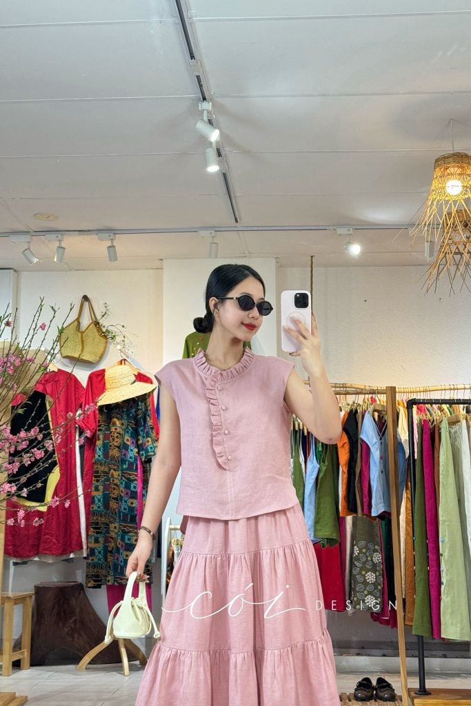 Áo bèo cổ tròn nút bọc linen tưng premium Cói Design