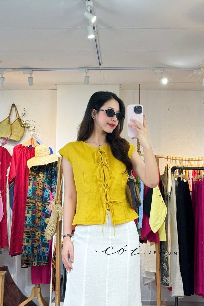 Áo cổ tròn phối nơ linen tưng premium Cói Design