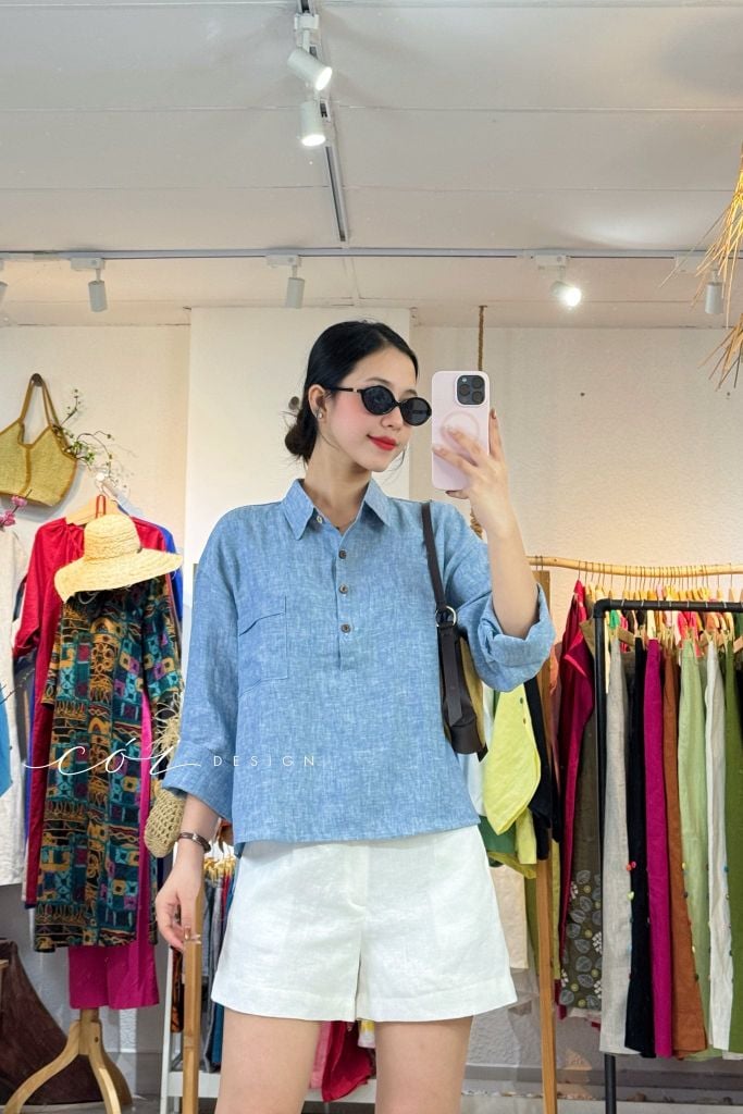 Áo cổ sơ mi 3 nút tay dài linen tưng premium Cói Design