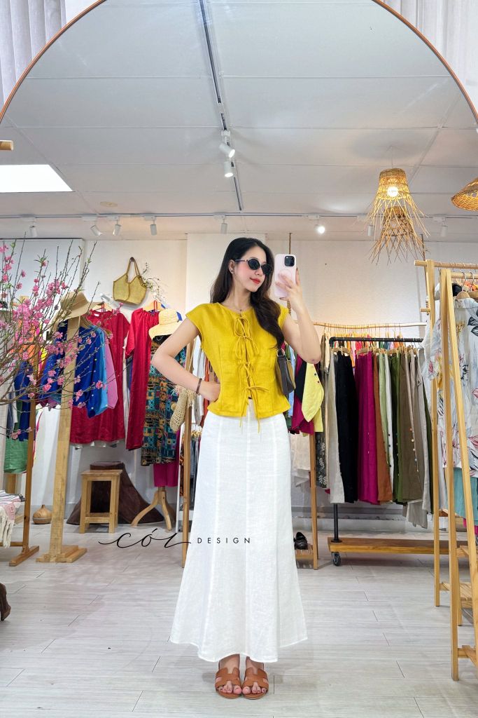 Áo cổ tròn phối nơ linen tưng premium Cói Design