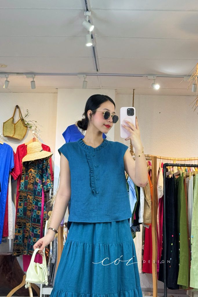Áo bèo cổ tròn nút bọc linen tưng premium Cói Design