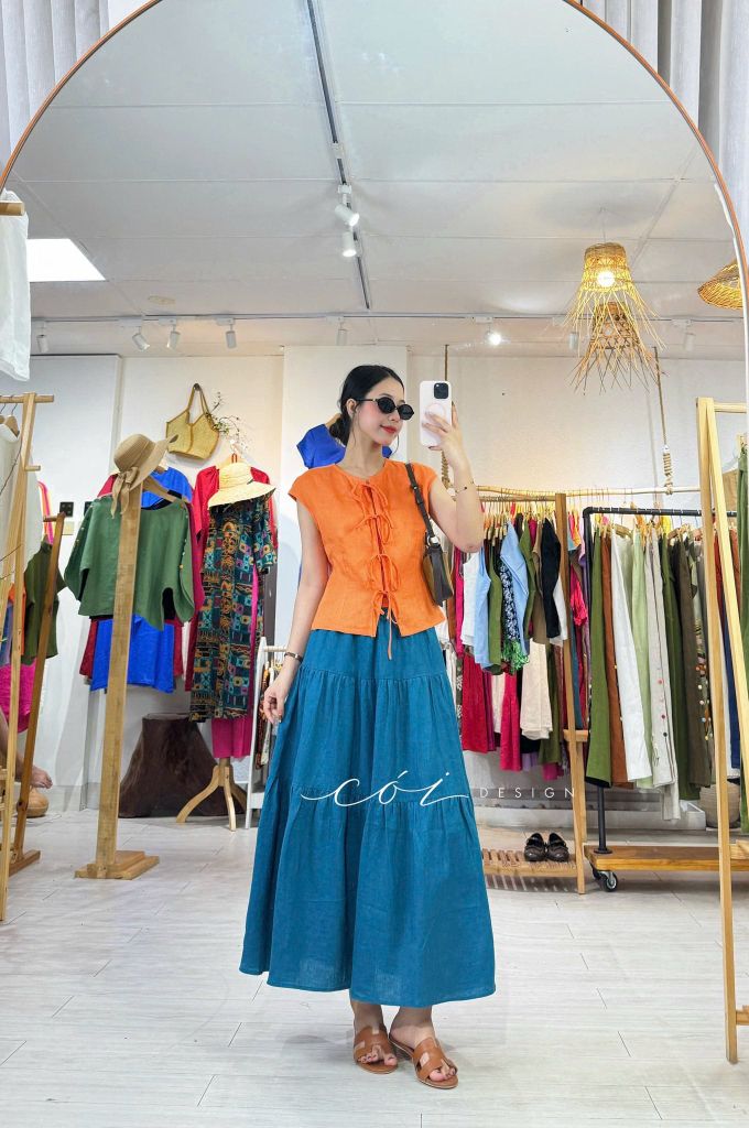 Áo cổ tròn phối nơ linen tưng premium Cói Design