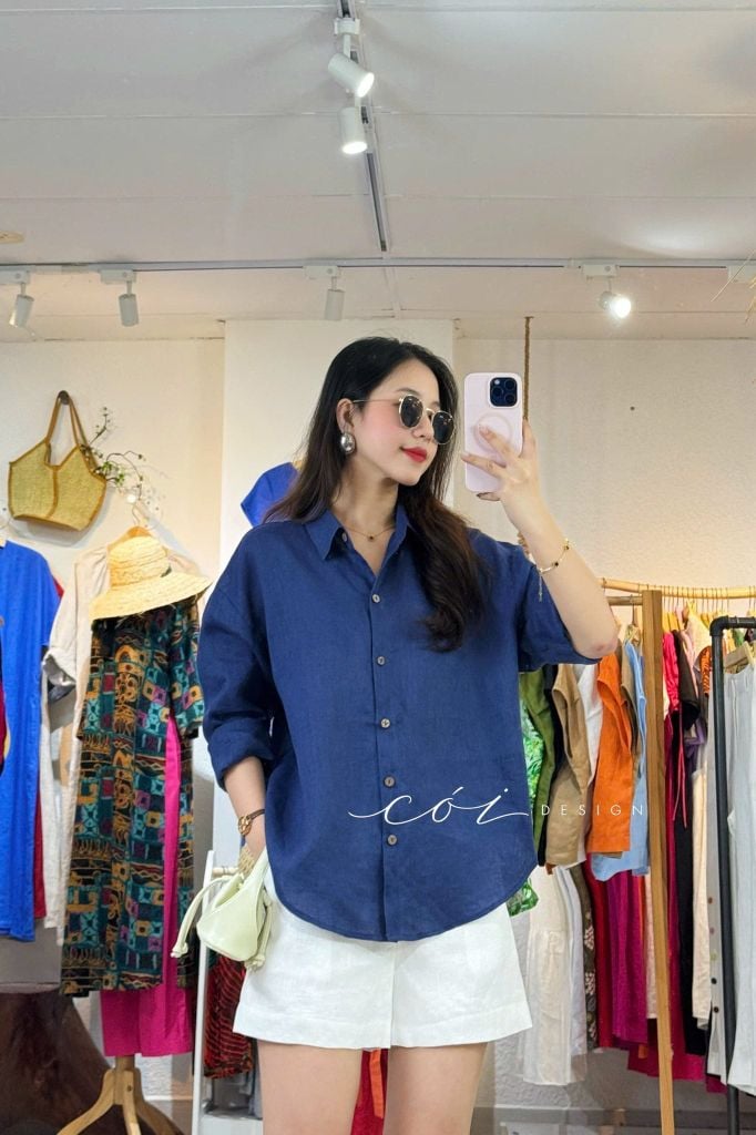 Áo sơ mi form suông phối nút lưng linen tưng premium Cói Design