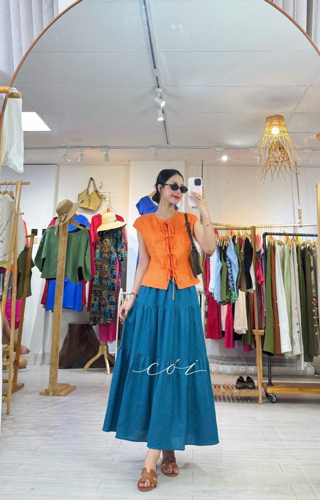 Áo cổ tròn phối nơ linen tưng premium Cói Design