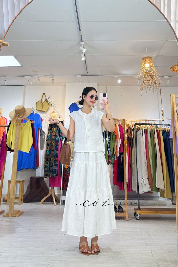 Áo bèo cổ tròn nút bọc linen tưng premium Cói Design