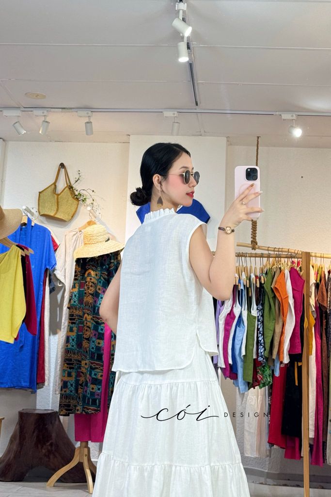 Áo bèo cổ tròn nút bọc linen tưng premium Cói Design