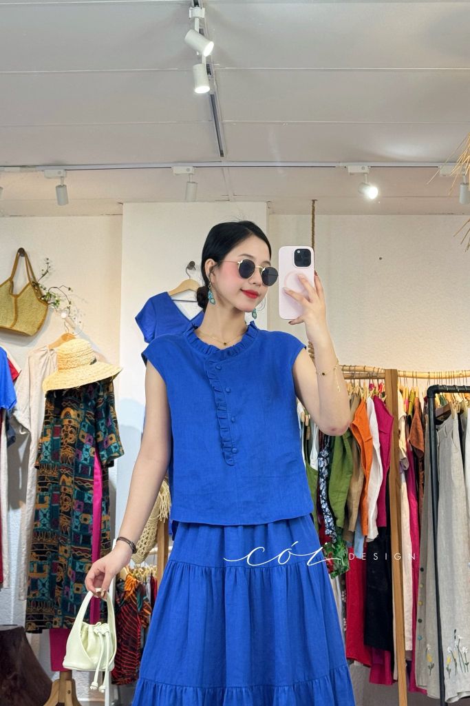 Áo bèo cổ tròn nút bọc linen tưng premium Cói Design