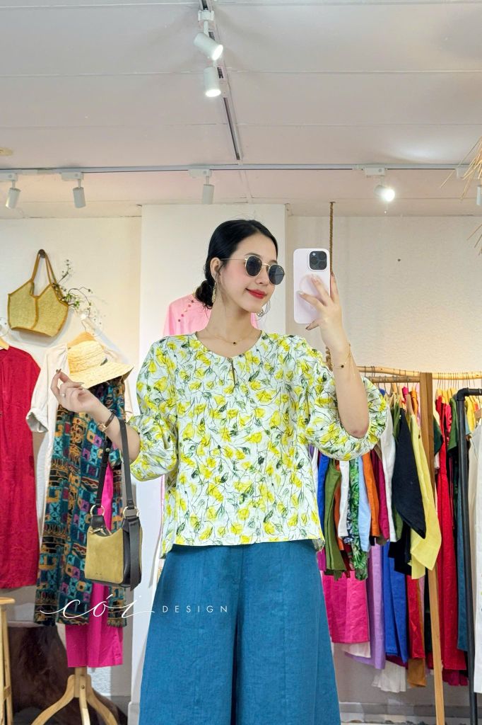 Áo cổ tròn tay nhún lồng đèn linen tưng premium Cói Design